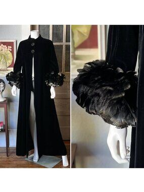 Vintage 60s Lilli Diamond Duster Opera Coat Black Velvet Size Small Long